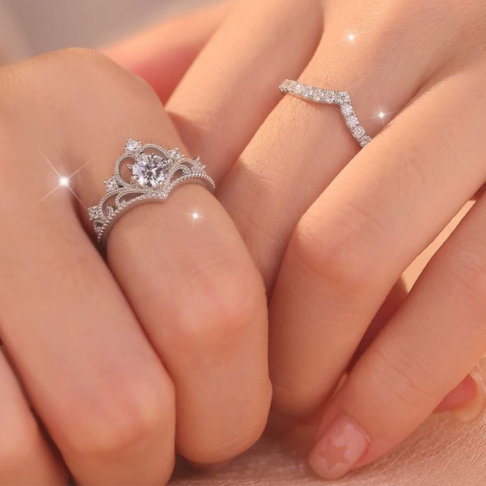2 peças/Conjunto Anel Elegante Coroa e Anel Banhado a Cobre com Zircônia Cúbica