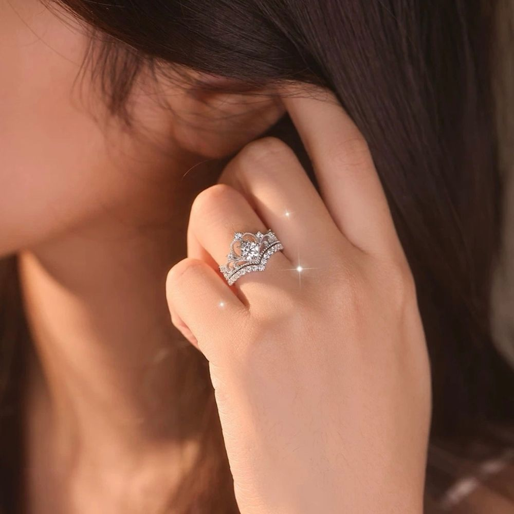 2 peças/Conjunto Anel Elegante Coroa e Anel Banhado a Cobre com Zircônia Cúbica