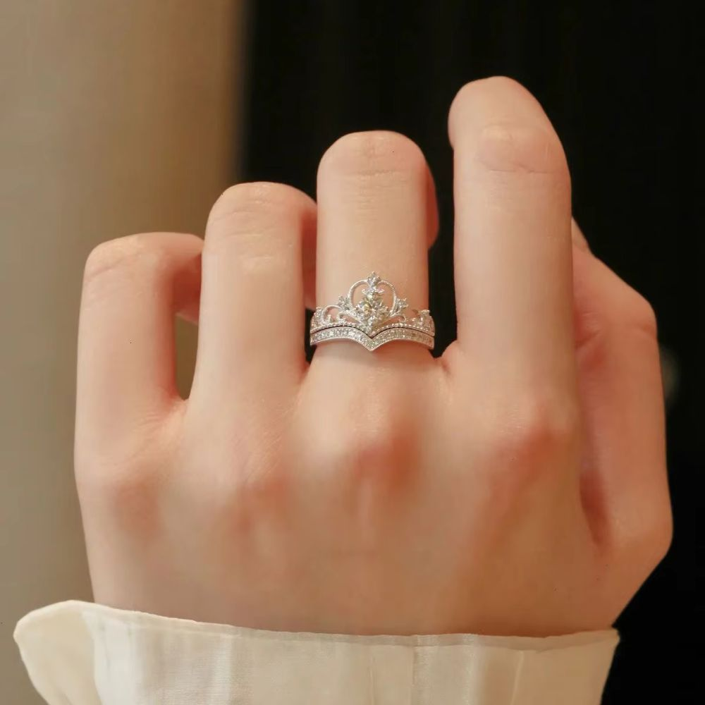 2 peças/Conjunto Anel Elegante Coroa e Anel Banhado a Cobre com Zircônia Cúbica