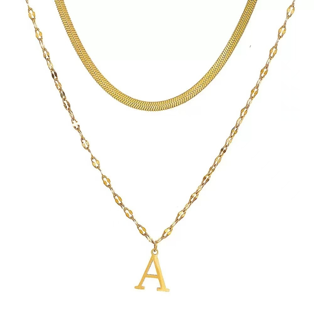 Colar Duplo em Corrente de Cobra e Lábios, Pingente Letra Inicial A-Z, Banhado a Ouro 18K ou Prata 925