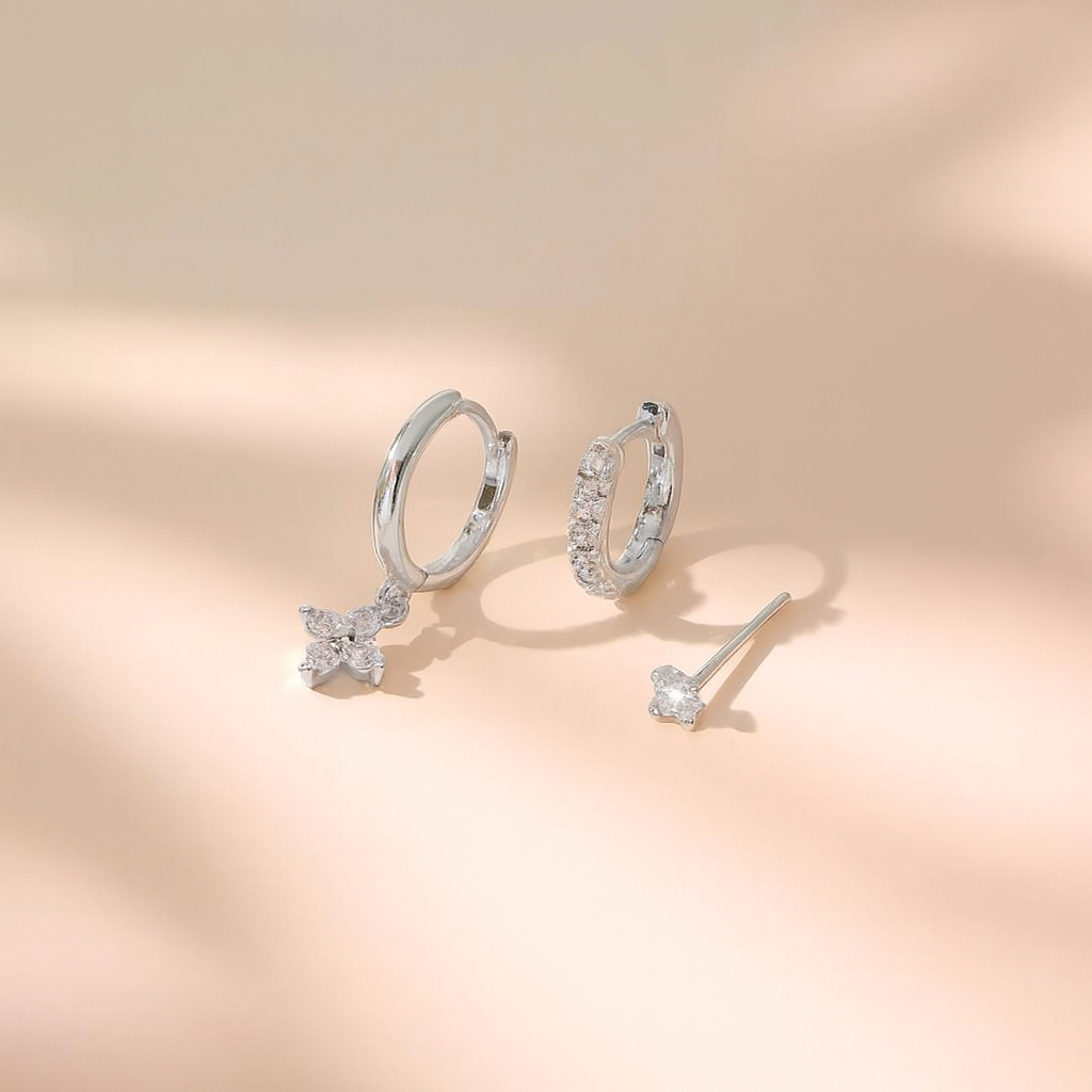 Kit 3 pares de brincos femininos prata 925, pingentes de flores incrustados com zircônia, banhados a ouro 18K