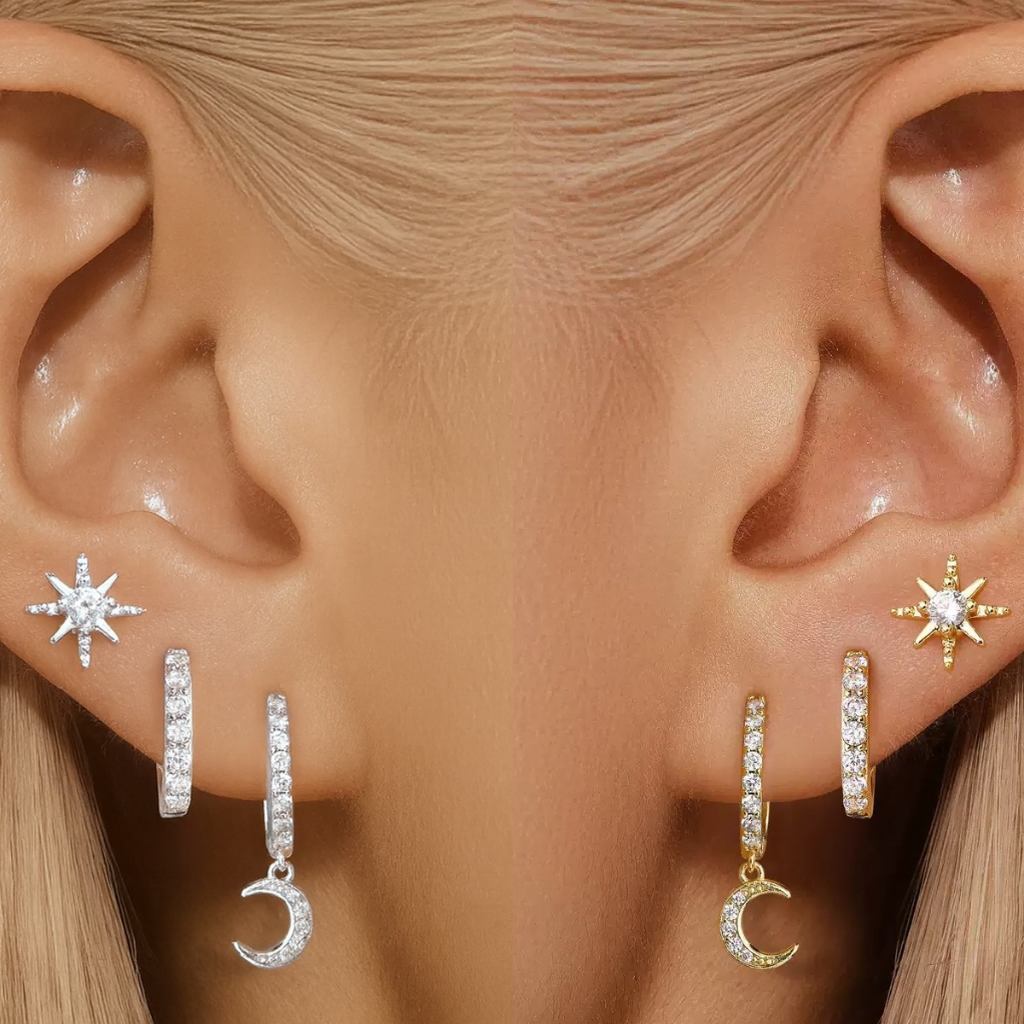 Kit 3 pares de brincos femininos prata 925, pingentes de flores incrustados com zircônia, banhados a ouro 18K