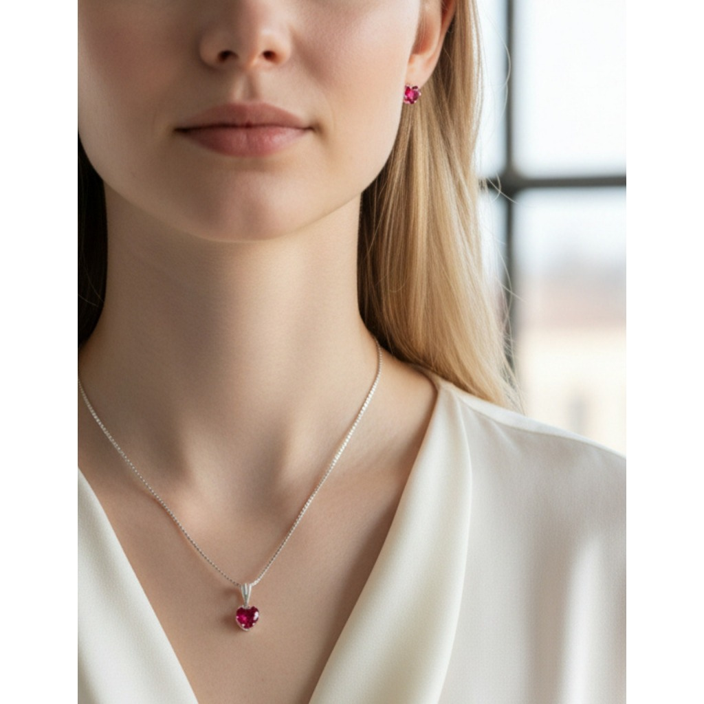 Colar E Brinco Coração Brilhante Colorido Rosa Vermelho Lilás Cravejado Prata 925 Antialérgico