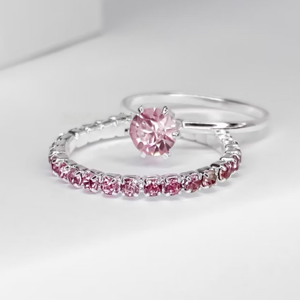 Anel Duplo Feminino Luxo Pedra Rosa – Semijoia Ouro 18K ou Prata | 2 Peças para Usar Separadas