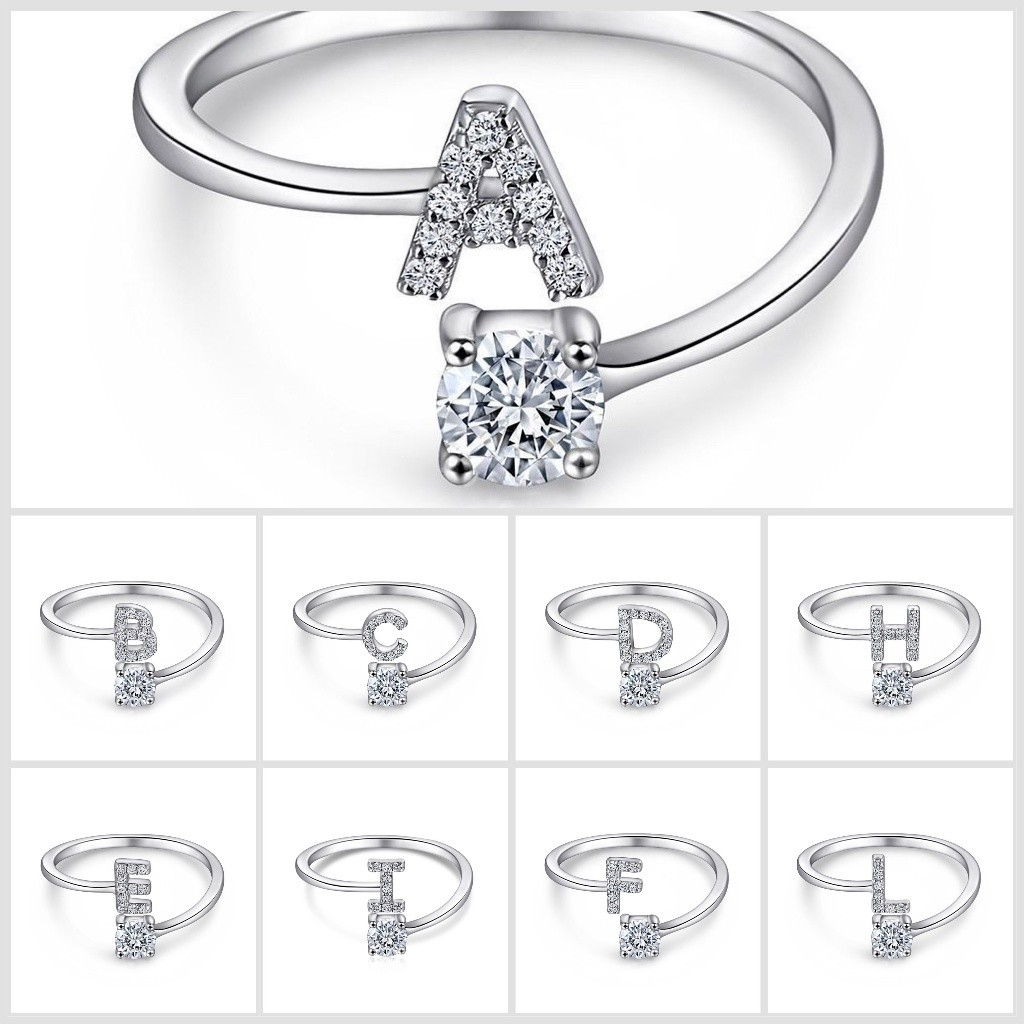 Anel de letra Prata 925 Cravejada Zircônia Feminino Delicado