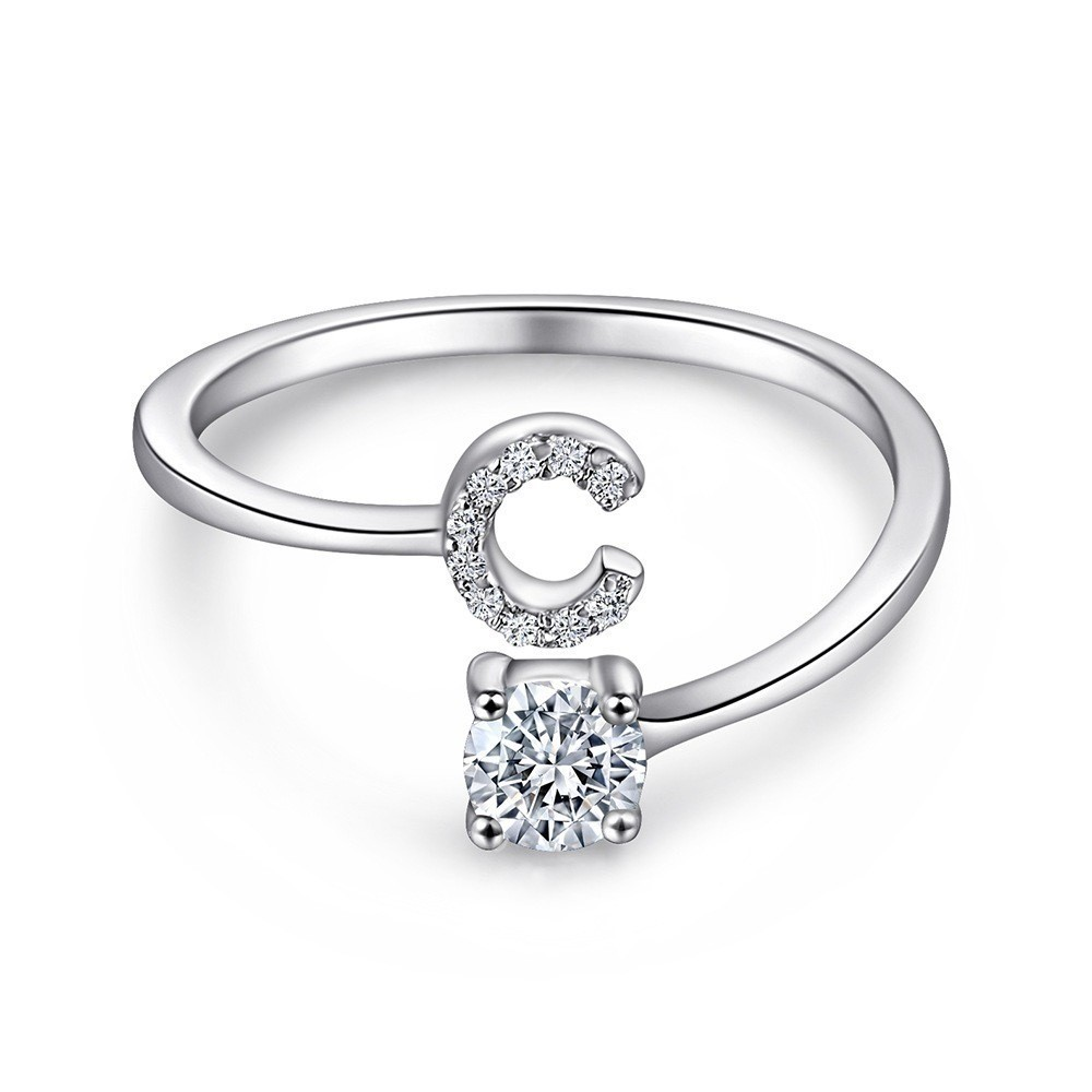 Anel de letra Prata 925 Cravejada Zircônia Feminino Delicado