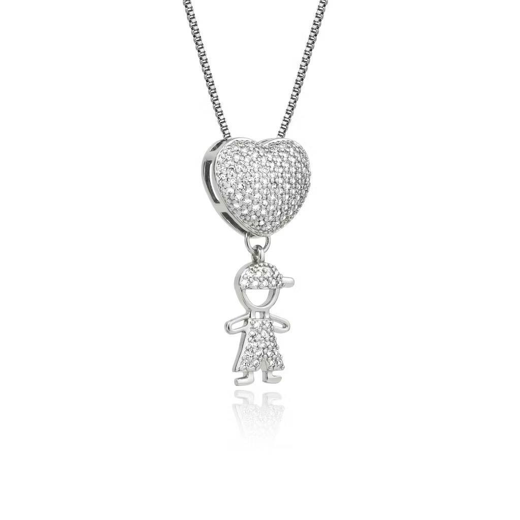 Colar Amor de Filhos™ – Pingente Coração com Menino/Menina em Microzircônias