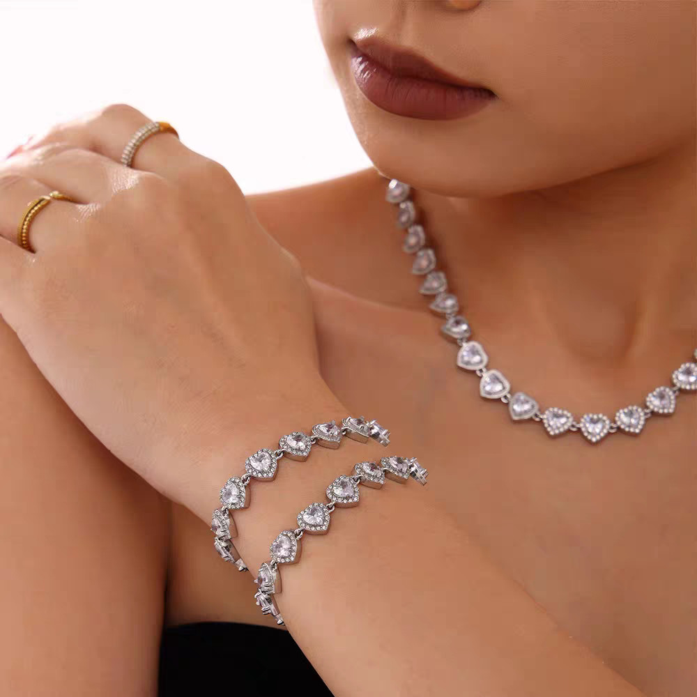 Conjunto de Jóias Feminino Colar Pulseira Anel Coração Rosa Banhada Brilhante Hipoalergênico para Festa Casamento