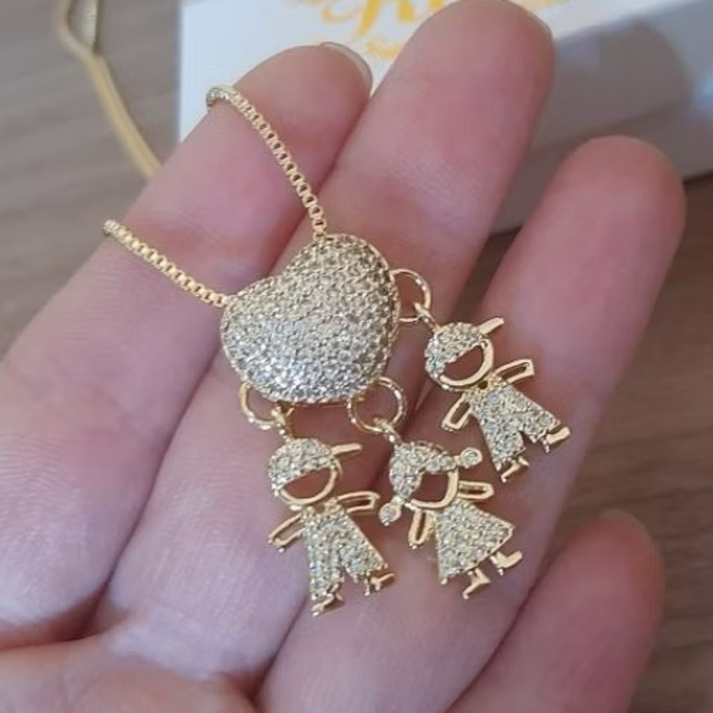 Colar Amor de Filhos™ – Pingente Coração com Menino/Menina em Microzircônias