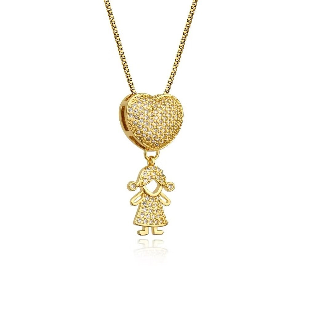 Colar Amor de Filhos™ – Pingente Coração com Menino/Menina em Microzircônias