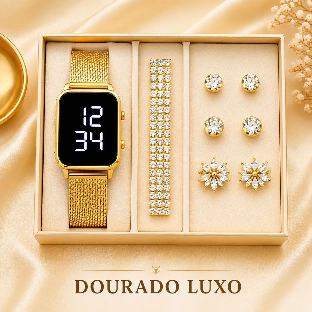 Kit Feminino com Relógio LED + Pulseira e Brinco – Estilo, Elegância e Presente Perfeito
