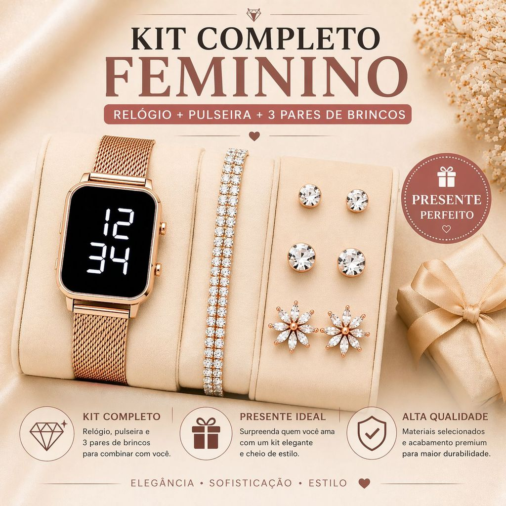 Kit Feminino com Relógio LED + Pulseira e Brinco – Estilo, Elegância e Presente Perfeito