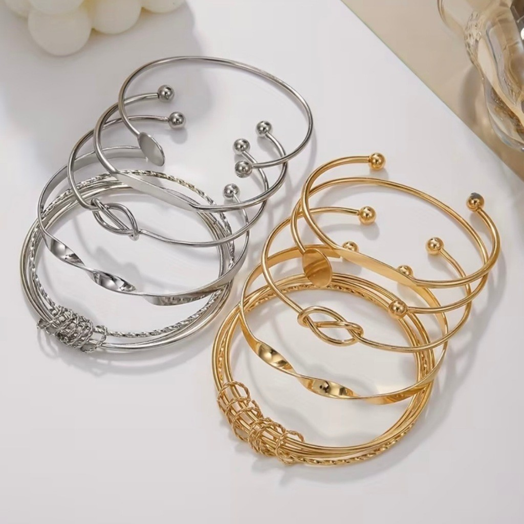 Conjunto 5 pulseiras femininas bracelete geométrico ajustável design minimalista banhado Ouro 18K e Prata925