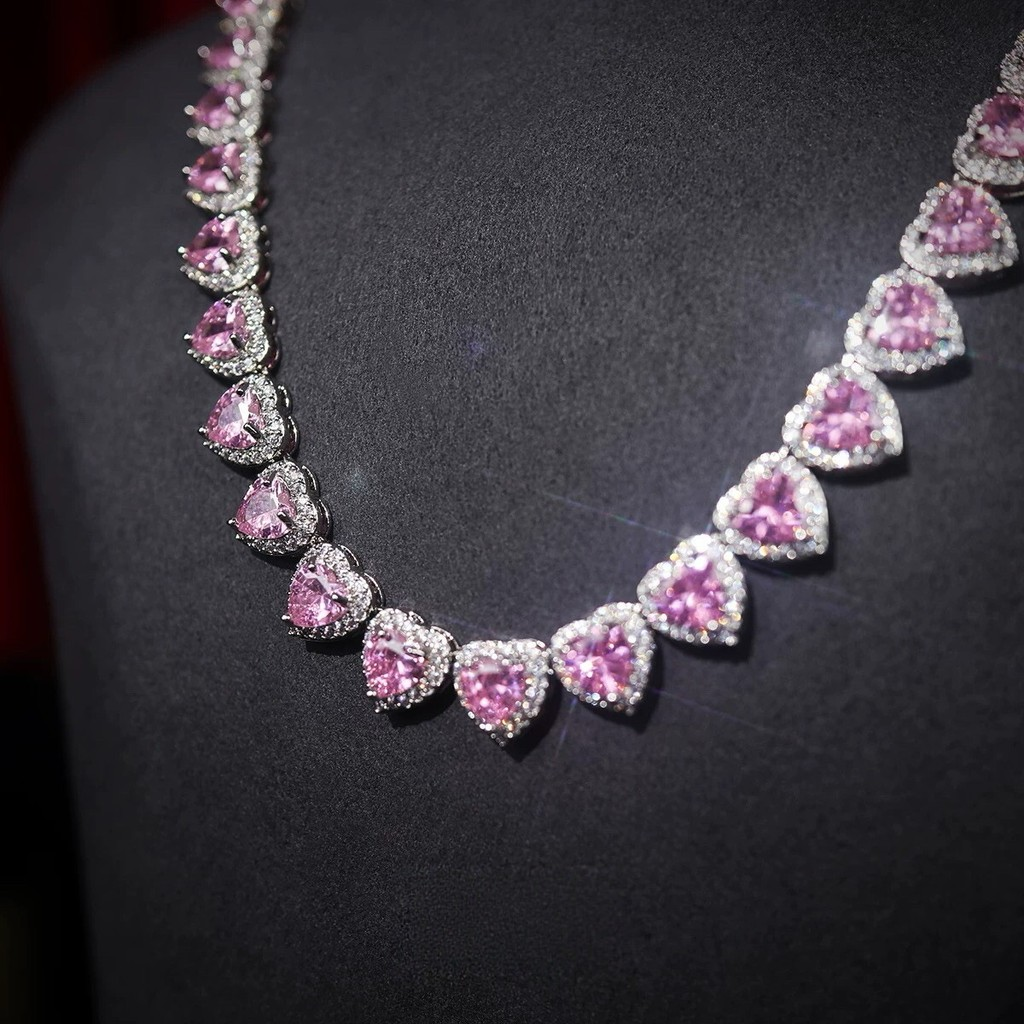 Conjunto de Jóias Feminino Colar Pulseira Anel Coração Rosa Banhada Brilhante Hipoalergênico para Festa Casamento
