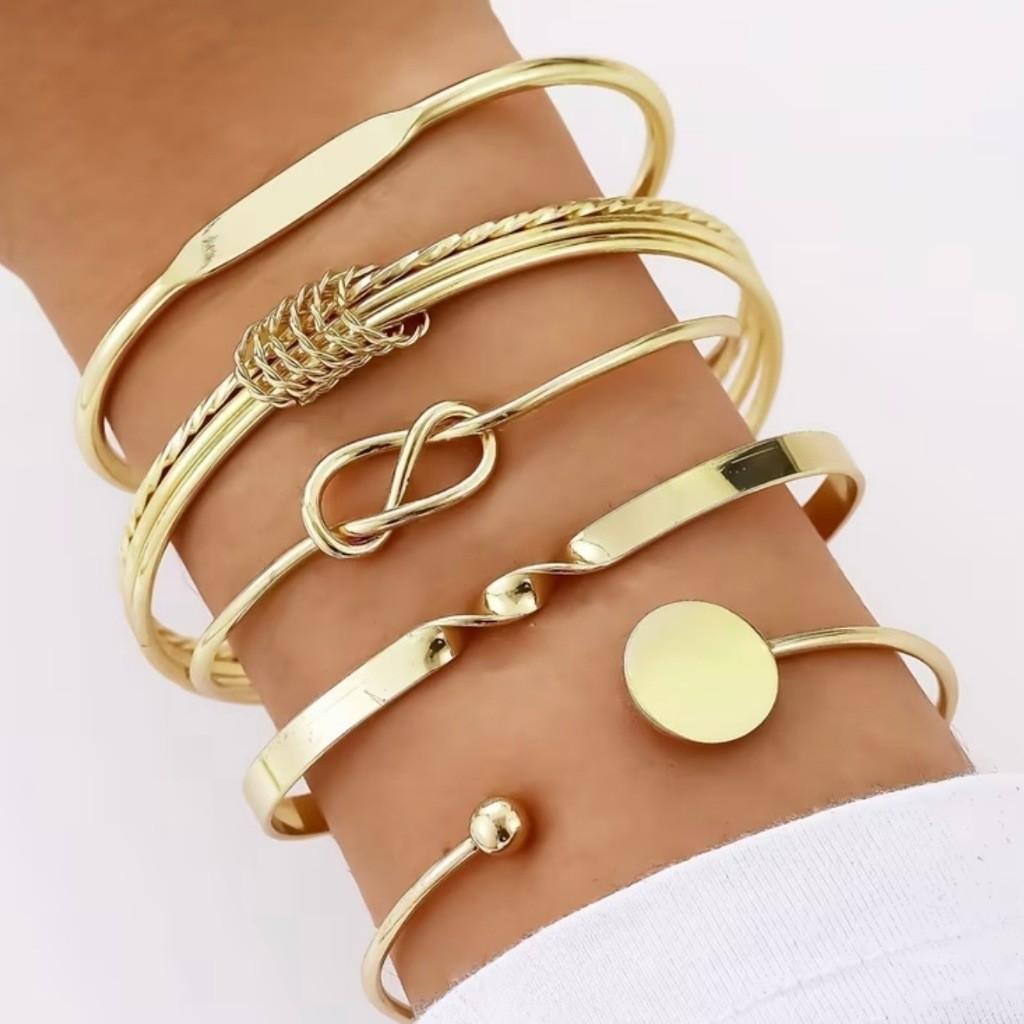 Conjunto 5 pulseiras femininas bracelete geométrico ajustável design minimalista banhado Ouro 18K e Prata925