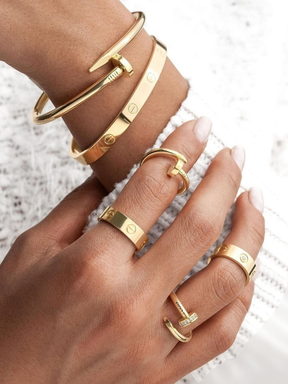 Conjunto Braceletes Aço inoxidável e Anéis Prata ou Dourado Kit Acessórios Femininos Anel Pulseira
