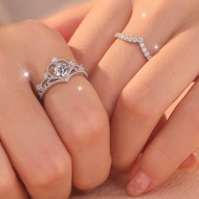 2 peças/Conjunto Anel Elegante Coroa e Anel Banhado a Cobre com Zircônia Cúbica
