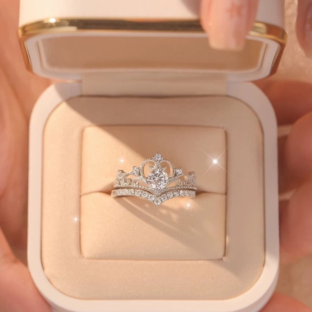2 peças/Conjunto Anel Elegante Coroa e Anel Banhado a Cobre com Zircônia Cúbica