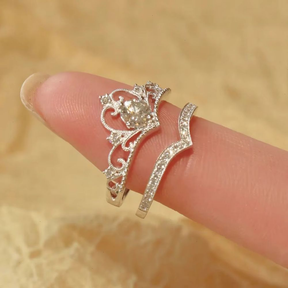 2 peças/Conjunto Anel Elegante Coroa e Anel Banhado a Cobre com Zircônia Cúbica