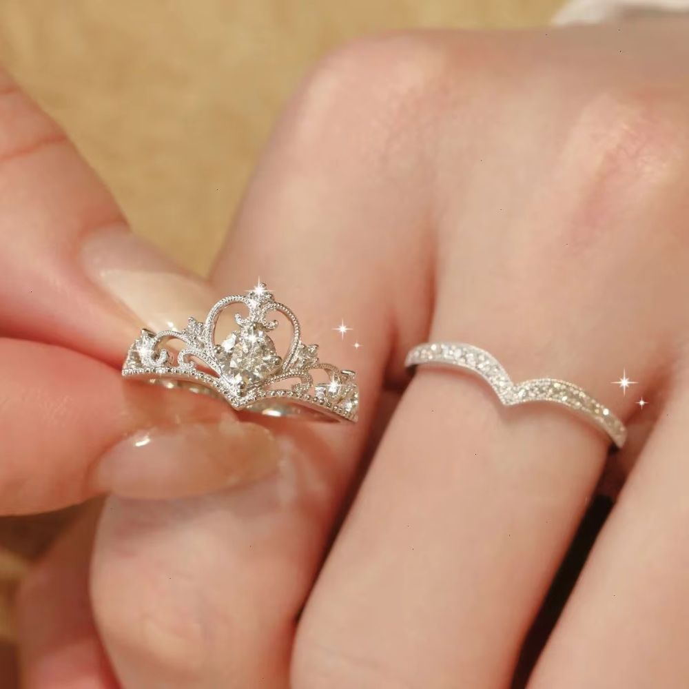 2 peças/Conjunto Anel Elegante Coroa e Anel Banhado a Cobre com Zircônia Cúbica