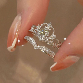 2 peças/Conjunto Anel Elegante Coroa e Anel Banhado a Cobre com Zircônia Cúbica
