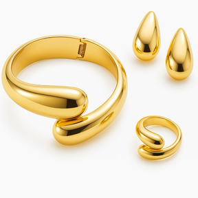 Conjunto Gota Bracelete brincos e anel dourado ou prata