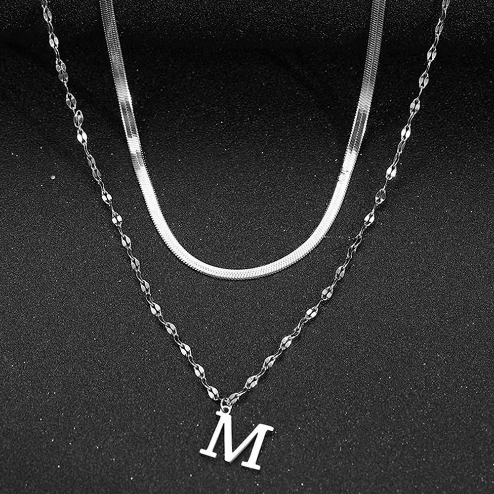 Colar Duplo em Corrente de Cobra e Lábios, Pingente Letra Inicial A-Z, Banhado a Ouro 18K ou Prata 925