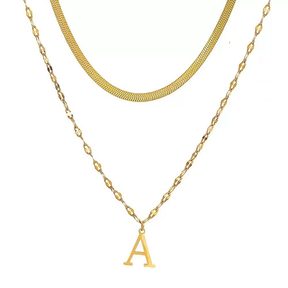 Colar Duplo em Corrente de Cobra e Lábios, Pingente Letra Inicial A-Z, Banhado a Ouro 18K ou Prata 925