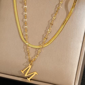 Colar Duplo em Corrente de Cobra e Lábios, Pingente Letra Inicial A-Z, Banhado a Ouro 18K ou Prata 925