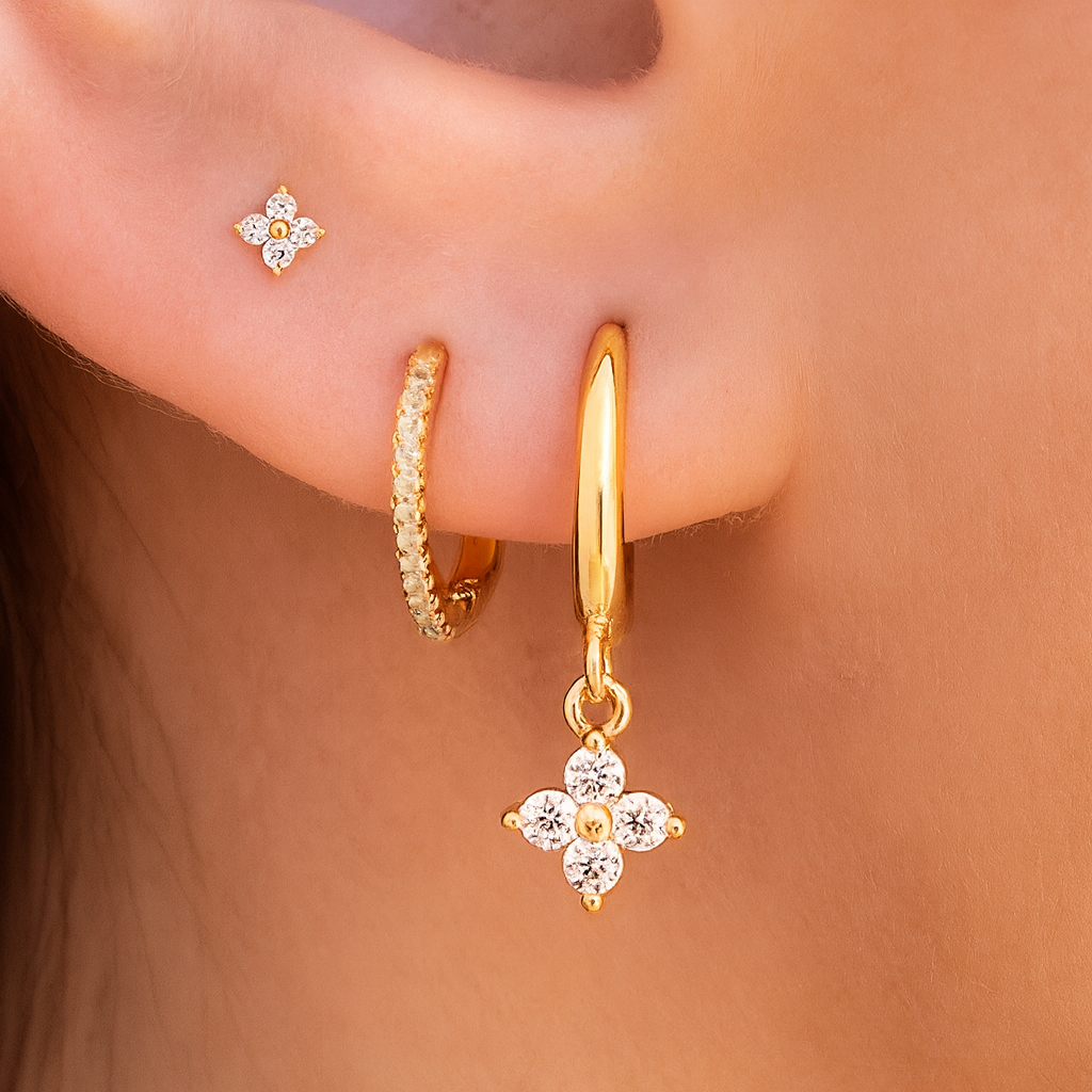 Kit Floral Sparkle™ – 3 Pares de Brincos com Zircônia Banhados a Ouro 18K ou Prata 925