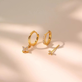 Kit 3 pares de brincos femininos prata 925, pingentes de flores incrustados com zircônia, banhados a ouro 18K