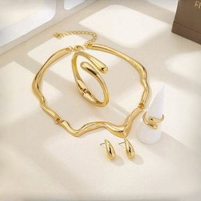 Conjunto Gota D’Água Luxo Feminino Banhado a Ouro/Prata – Colar, Pulseira, Brincos e Anel Modernos
