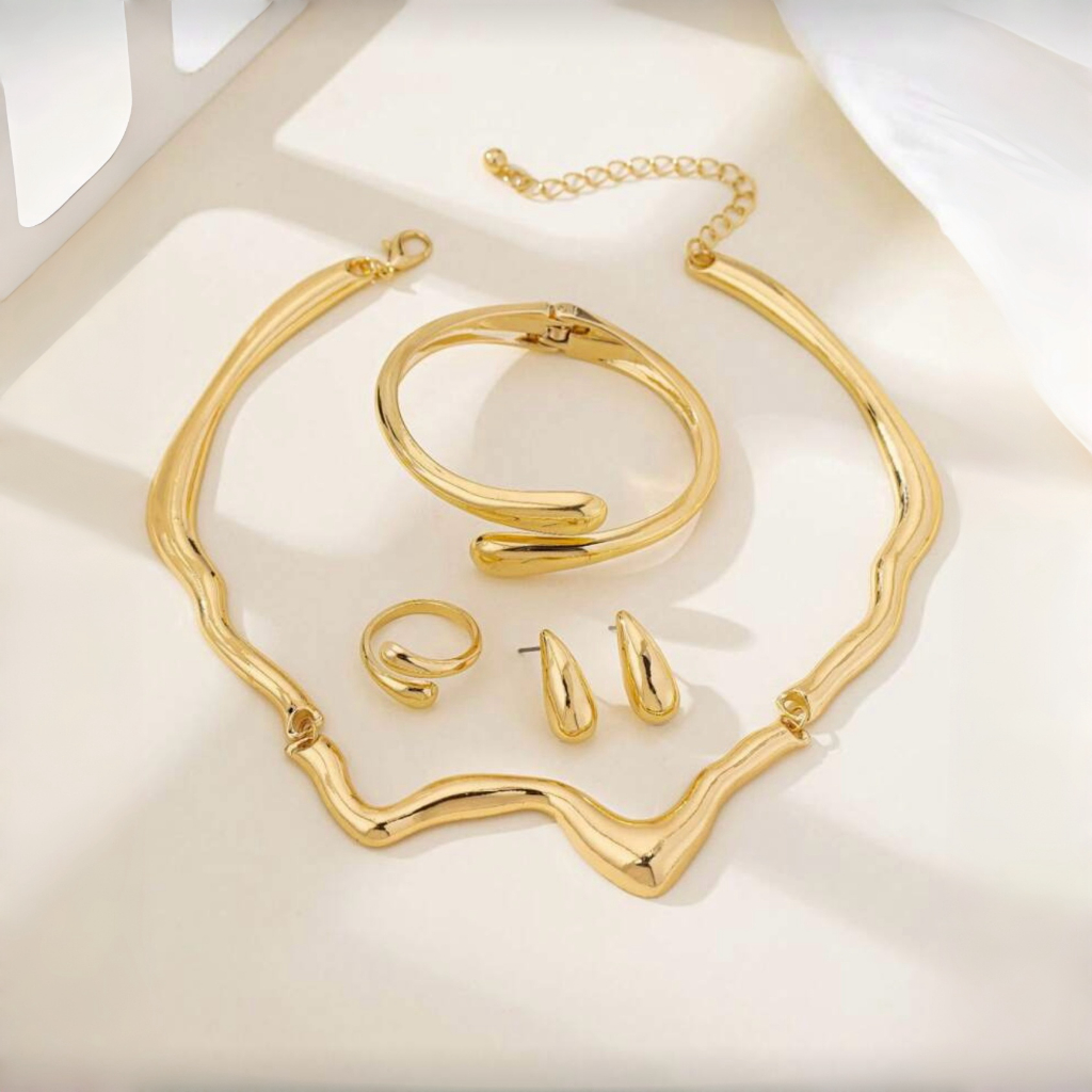 Conjunto Gota D’Água Luxo Feminino Banhado a Ouro/Prata – Colar, Pulseira, Brincos e Anel Modernos