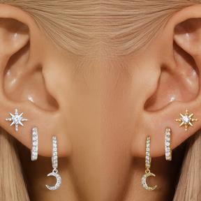 Kit 3 pares de brincos femininos prata 925, pingentes de flores incrustados com zircônia, banhados a ouro 18K