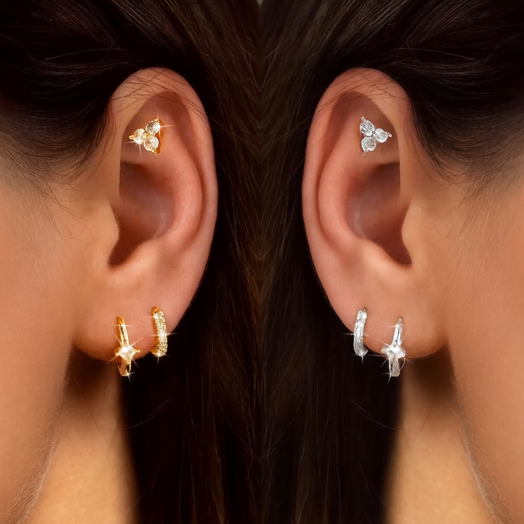 Kit 3 pares de brincos femininos prata 925, pingentes de flores incrustados com zircônia, banhados a ouro 18K