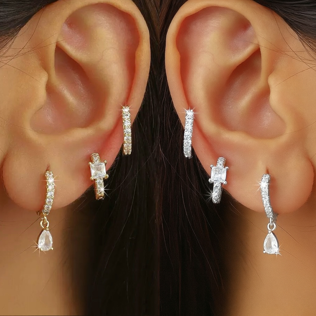 Kit Floral Sparkle™ – 3 Pares de Brincos com Zircônia Banhados a Ouro 18K ou Prata 925