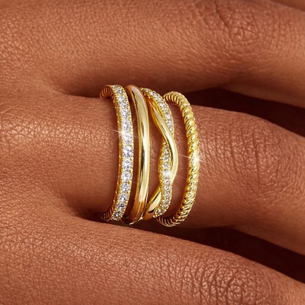 Kit 4 Anéis com Zircônias e Banho Ouro 18k