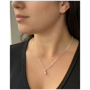 Colar E Brinco Coração Brilhante Colorido Rosa Vermelho Lilás Cravejado Prata 925 Antialérgico