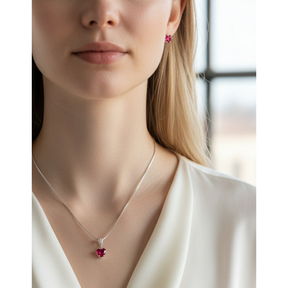 Colar E Brinco Coração Brilhante Colorido Rosa Vermelho Lilás Cravejado Prata 925 Antialérgico