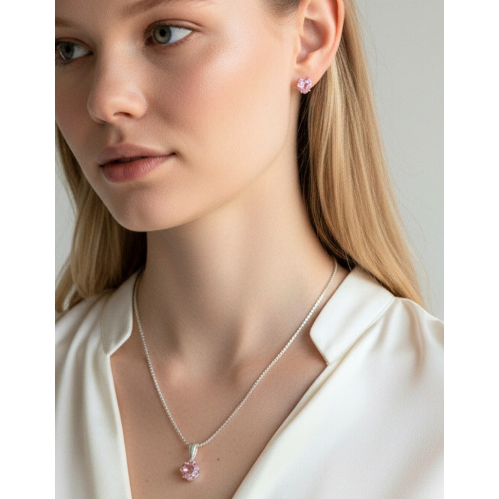 Colar E Brinco Coração Brilhante Colorido Rosa Vermelho Lilás Cravejado Prata 925 Antialérgico