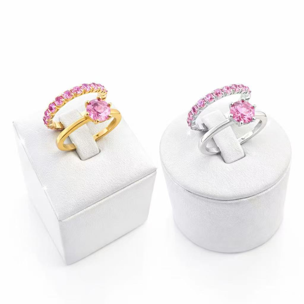 Anel Duplo Rose Elegance™ – Kit 2 Peças com Pedra Rosa