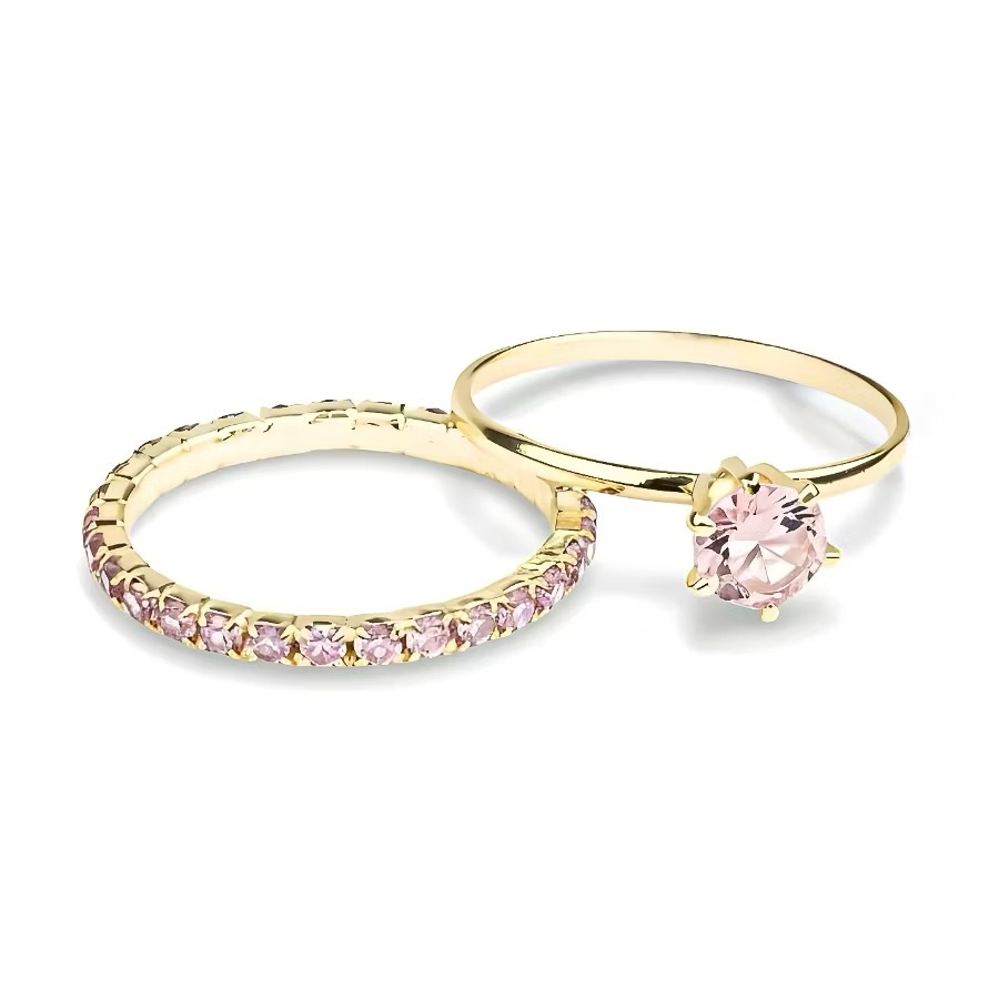 Anel Duplo Feminino Luxo Pedra Rosa – Semijoia Ouro 18K ou Prata | 2 Peças para Usar Separadas