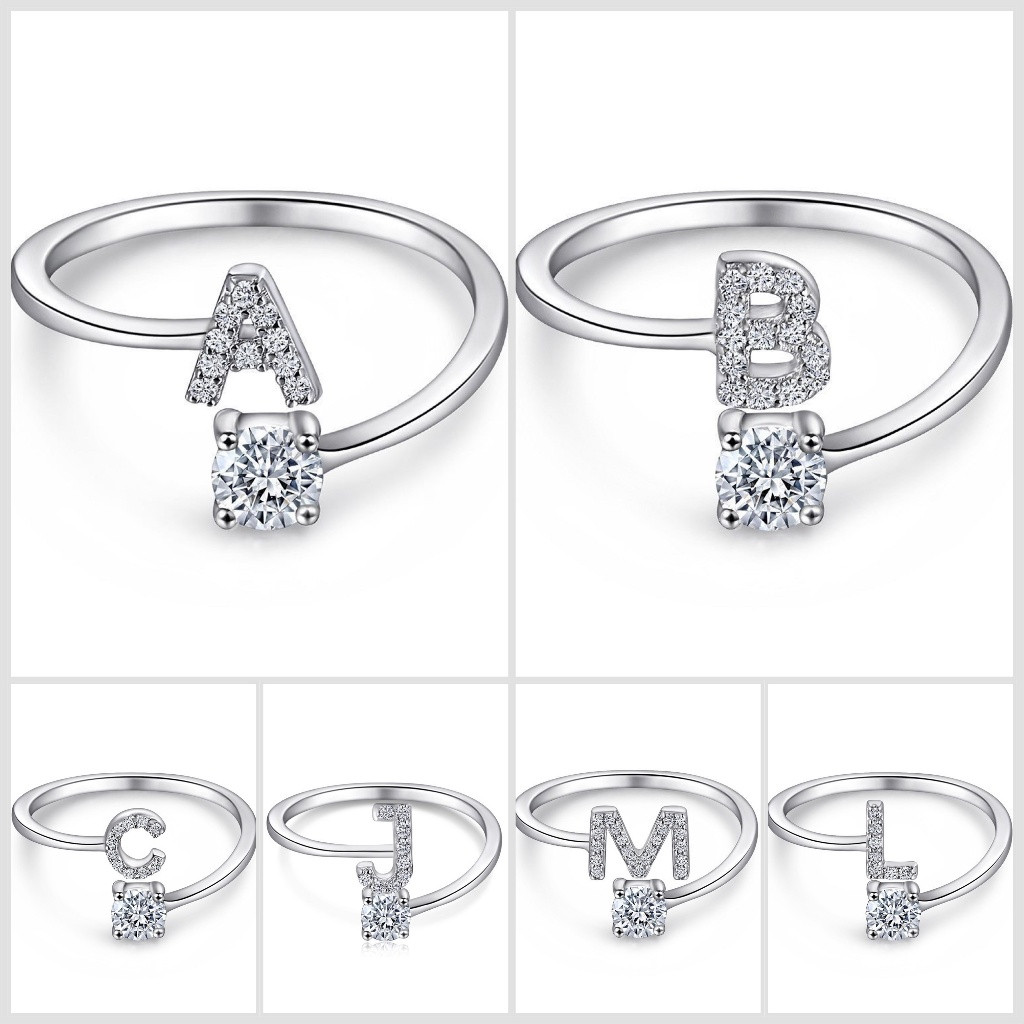 Anel de letra Prata 925 Cravejada Zircônia Feminino Delicado