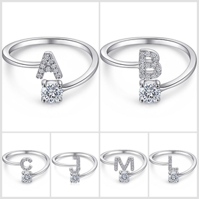 Anel de letra Prata 925 Cravejada Zircônia Feminino Delicado