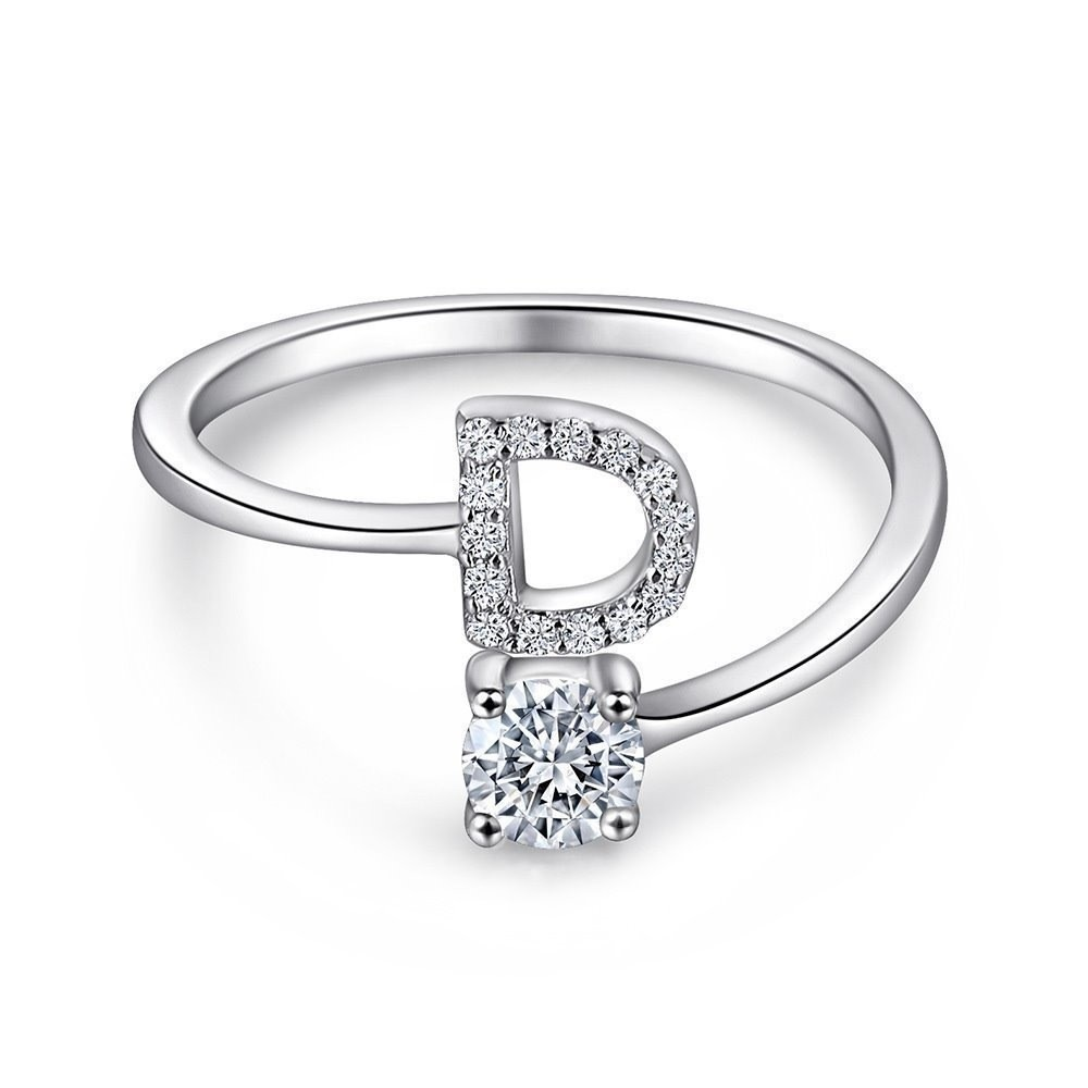 Anel de letra Prata 925 Cravejada Zircônia Feminino Delicado