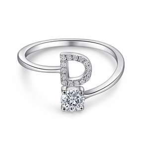 Anel de letra Prata 925 Cravejada Zircônia Feminino Delicado