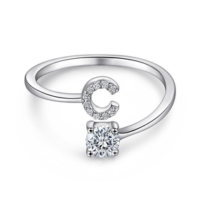 Anel de letra Prata 925 Cravejada Zircônia Feminino Delicado