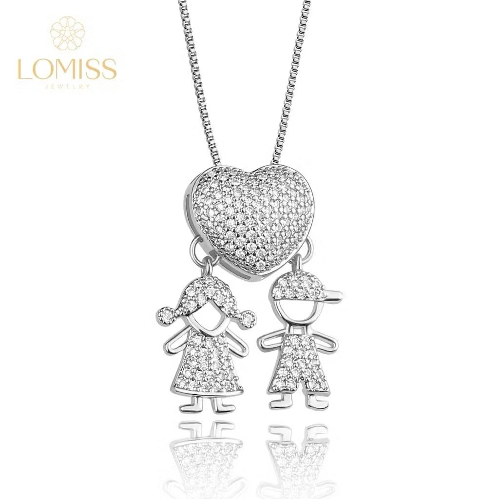 Colar Amor de Filhos™ – Pingente Coração com Menino/Menina em Microzircônias