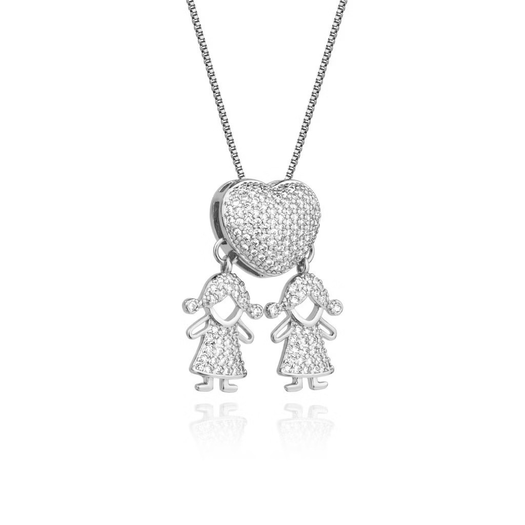 Colar Amor de Filhos™ – Pingente Coração com Menino/Menina em Microzircônias