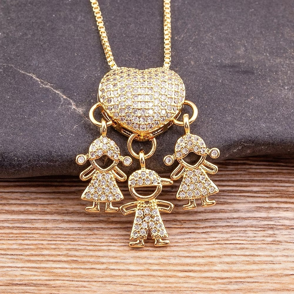 Colar de filhos coração cravejado casal menino menina dois meninos duas meninas banhado a ouro 18k a prata 925